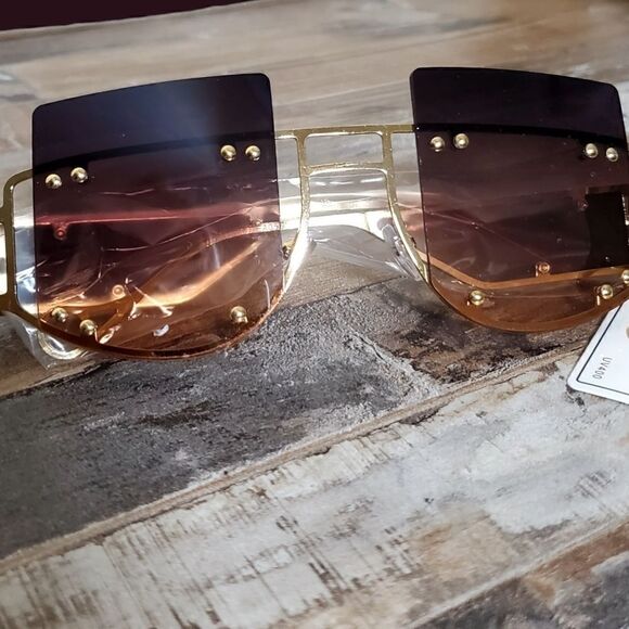 Womens Oversized Large Hexagonal Gold-Toned Brown Tinted Sunglasses
